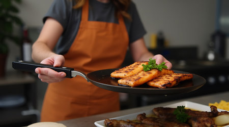 A professional chef in an orange apron is cooking delicious grilled fish in a modern kitchen, using fresh ingredients and culinary skills.の素材