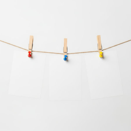 A minimalist setup featuring three colorful clothespins hanging on a rope against a white wall background, perfect for creative and organizational purposes.の素材