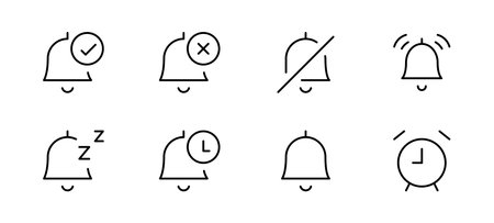 Alarm Notification icon set. clock bell, Notice message. Alarm symbol. Incoming inbox message. New message icons. Set of ringing bells with new notification UI apps. Vector illustrのイラスト素材