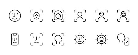 Face id icom, Face identification and recognition icon set. Technology scan access protection linear icons. Biometric authentication sign outline vector, web, app, ui, uxのイラスト素材