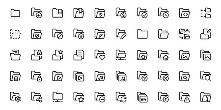 Document folder icons. Office folder icon set. computer pc folder, document search, important, checkmark, cross, cloud, plus, minus, upload, download, favorite, lock folder vectorのイラスト素材