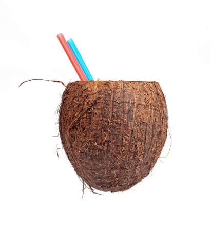 Half open coconut isolated on whiteの写真素材