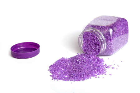 Lavender salt in jar isolated on whiteの写真素材