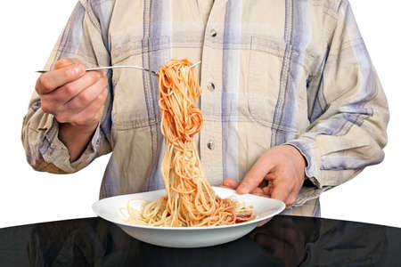 Isolated human hands with fork and spaghettiの写真素材