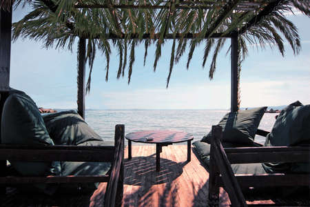 Lounges on the beach in Cesme, Turkeyの写真素材