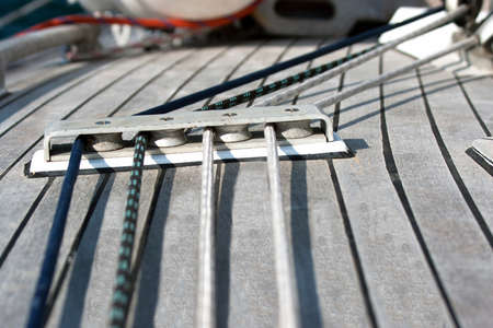 Blocks with rope on sailing boat in the seaの写真素材