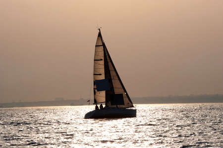 Sailing boat in the sea at sunsetの写真素材