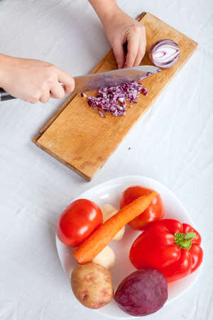 Woman cutting onion on white backgroundの写真素材