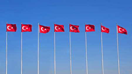 Line of turkish flags on the windの写真素材