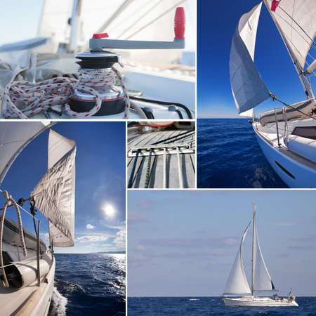 Collage of sailing boat staff: winch with rope, yacht crop, sailboat in the sea
の写真素材