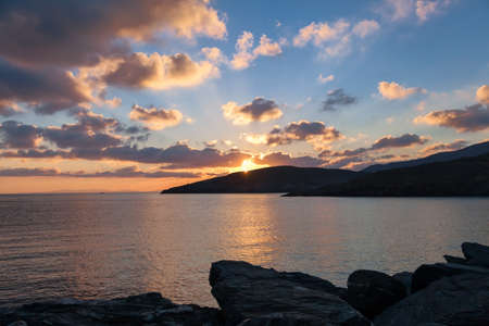 Sunrise in harbor of greek island Kythnos at Cycladesの写真素材