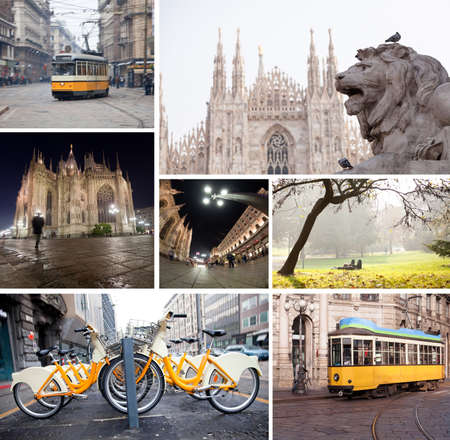 Milano streets with cathedral, vintage tram, bicycles collageの写真素材