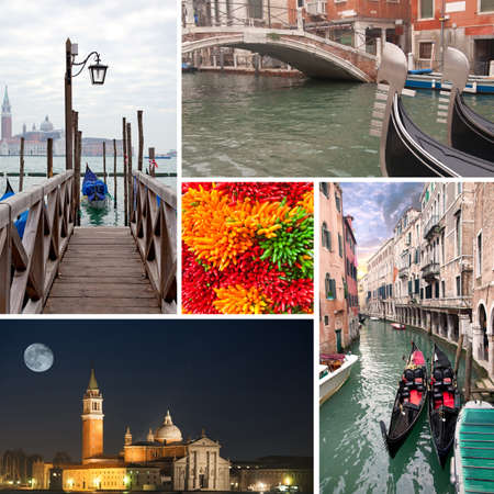 San Giorgio Maggiore island and venice gondolas collageの写真素材