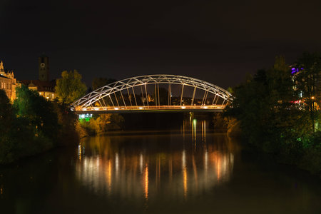 Metal bridge in Bamberg at night, Germanyの写真素材