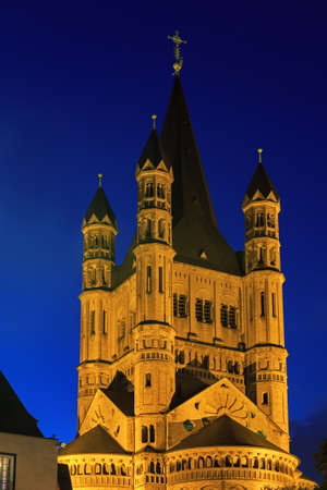 Saint Martin church in Cologne with illumination at night, Germanyの写真素材