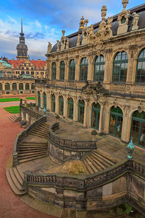 Stairs top view  at Zwinger palace and Residenzschloss (city hall) on the back in Dresden, Germanyのeditorial素材