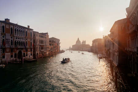 Grand Channel with boats at sunrise, Venice, Italyの写真素材