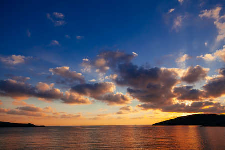 Sunrise in harbor of greek island Kythnos at Cyclades