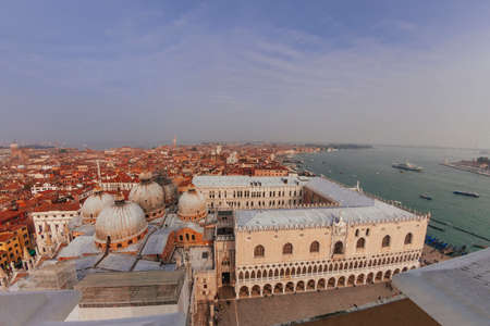 San Marco Basilica domes, Doges Palace and roofs of venetian houses, top viewのeditorial素材