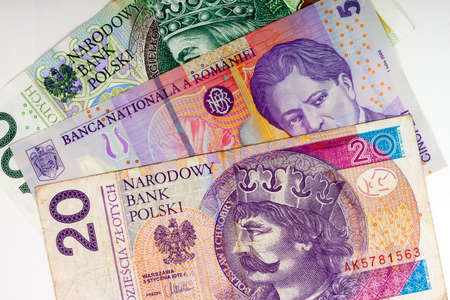 Poland, Romania, Foreign Currency closeup of money International currenciesの写真素材