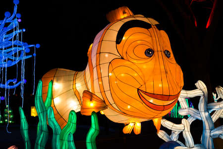 ALBUQUERQUE, NEW MEXICO, USA - NOVEMBER 29, 2018: Dragon Lights Albuquerque, Fish Silk Lantern. Silk lanterns a Chinese traditional art celebrates the Chinese New Year. Handcrafted by artisans from Zigong, Chinaのeditorial素材