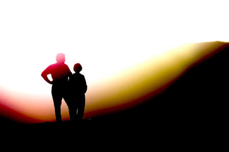 couple silhouette walking at the sunset with sky