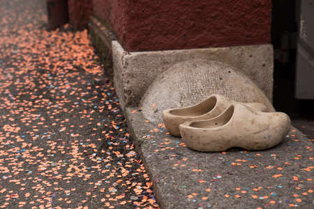 A pair of typical wooden shoes from a Waggis during the Basel carnival. Picture taken on 24th of February 2015 in Basel, Switzerland.の写真素材