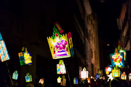 Basel carnival 2017. Beautiful handmade and illuminated stick lanterns on monday morning in the streets. Picture taken on 6 of March 2017. Schneidergasse in Basel Switzerland.のeditorial素材