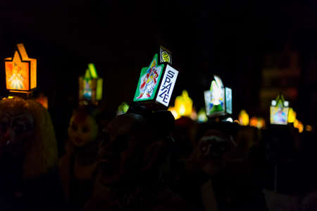 Basel carnival 2017. Beautiful handmade and illuminated mask lanterns on monday morning in the streets. Picture taken on 6 of March 2017. Schneidergasse in Basel Switzerland.のeditorial素材