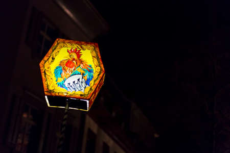 Basel carnival 2017. A single small stick lantern on monday morning in the streets. Picture taken on 6 of March 2017. Schnabelgasse in Basel Switzerland.のeditorial素材