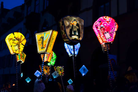 Basel carnival 2017. Colorful small stick lanterns on monday morning in the streets. Picture taken on 6 of March 2017. Spalenberg in Basel Switzerland.のeditorial素材