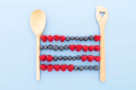 Vintage abacus calculator frame made of kitchen spoons, fresh blueberries and raspberries on a pale...