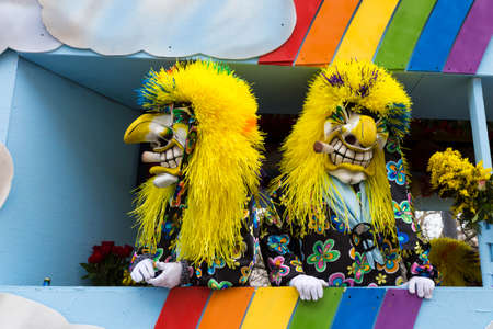 Basel carnival. Steinenberg, Basel, Switzerland - February 21st, 2018. Close-up of two waggis clowns on their carnival floatのeditorial素材