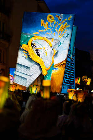 Spalenberg, Basel, Switzerland - March 11th, 2019. One main illuminated carnival lantern sticking...