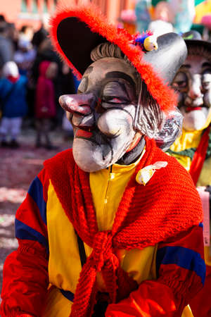 Marktplatz, Basel, Switzerland - March 13th, 2019. Portrait of a carnival participant disguised as...
