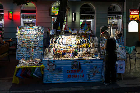 Ukraine, Odessa, Deribasivska Street, 11th of June 2019. View on a small sales booth selling various souvenirs to tourists and locals.のeditorial素材