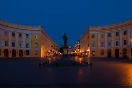 Ukraine, Odessa, Primorsky Boulevard, 13th of June 2019. Statue of Duke Richelieu at the top of the Potemkin Stairs at dawn.のeditorial素材
