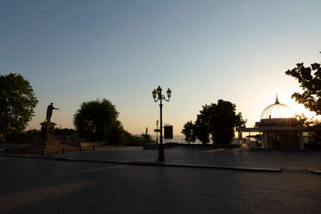 Ukraine, Odessa, Primorsky Boulevard, 13th of June 2019. Statue of Duke Richelieu at the top of the Potemkin Stairs at dawn.のeditorial素材