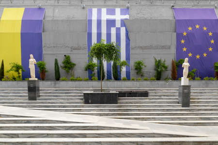 Ukraine, Odessa, Primorsky Boulevard, 13th of June 2019. View of the greek park with stairways, statues and flags. The opening of the park took place on September 2nd 2018.のeditorial素材