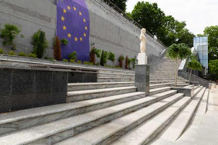 Ukraine, Odessa, Primorsky Boulevard, 13th of June 2019. View of the greek park with stairways, statues and flags. The opening of the park took place on September 2nd 2018.のeditorial素材