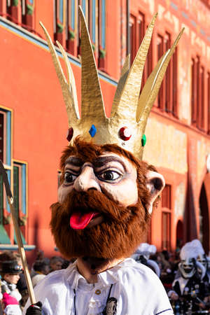 Marktplatz, Basel, Switzerland - March 13th, 2019. Single impressive carnival king mask