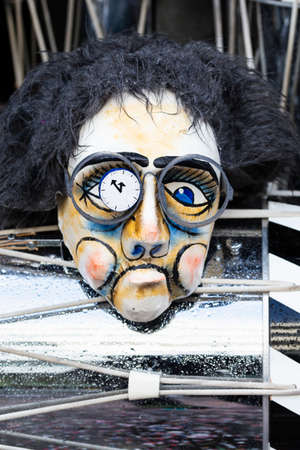 Gerbergasse, Basel, Switzerland - March 13th, 2019. Close-up of a carnival mask on a snare drumのeditorial素材