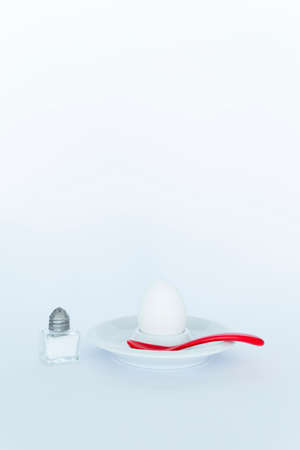 Simplistic breakfast concept with a boiled egg, a salt shaker and a spoon on white background