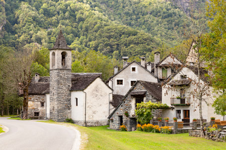 Switzerland, Ritorto, Sept 2020. Historic town with church and stone housesのeditorial素材