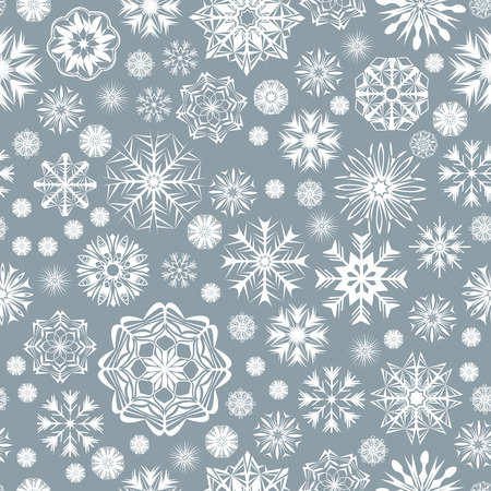 White different snowflakes isolated on grey background. Winter seamless pattern. New Year and Christmas concept. Can be used for banners, posters, greeting cards design. Vector illustrationのイラスト素材