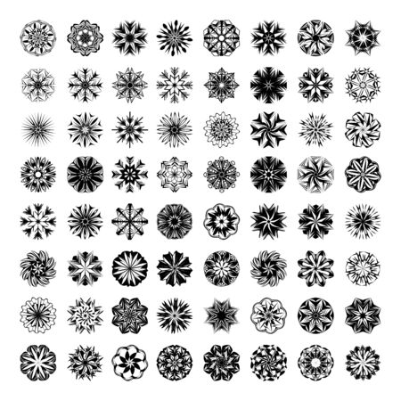 Snowflakes monochrome icons collection. New Year and Christmas concept. 64 different snowflakes isolated on white background. Modern design of snowfall elements. Vector illustrationのイラスト素材