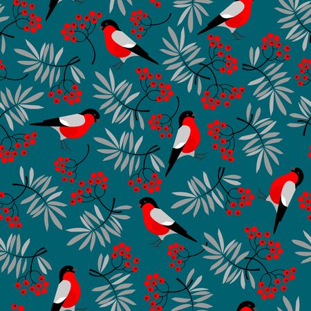 Bullfinch birds seamless pattern with Mountain ash leaves and berries. Merry Christmas collection background. Natural wildlife texture. Vector illustrationのイラスト素材