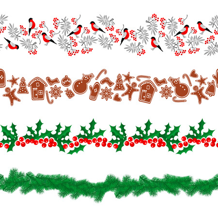 Seamless Christmas pattern border set isolated on white background. Xmas decoration garland collection for your holiday design. Vector illustrationのイラスト素材