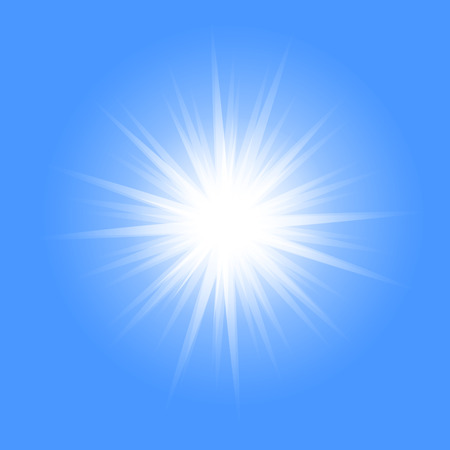 Bright sun burst on clear blue sky background. Glitter effect decoration with ray sparkles for your summer design. Vector illustrationのイラスト素材