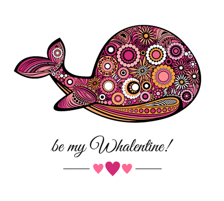 Be my Valentine greeting card template. The pink Whale and lettering with hearts isolated on white background. Vector illustrationのイラスト素材